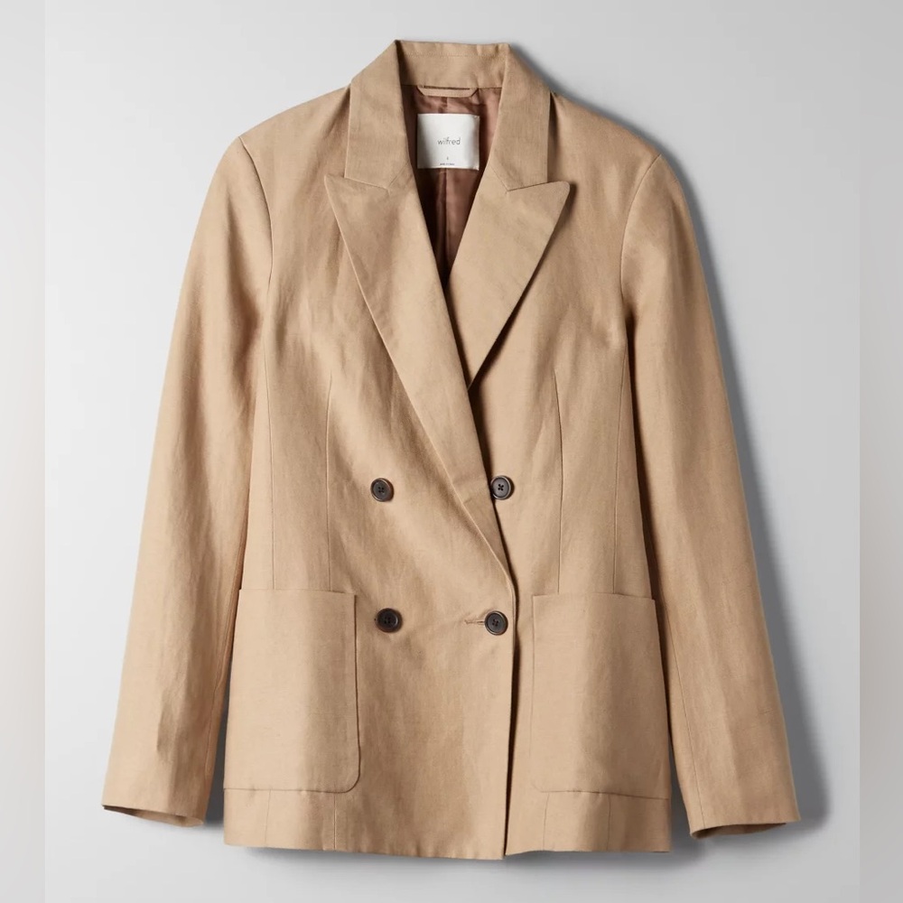 Aritzia Wilfred Parker Linen Blend Double Breasted Blazer in Tawny Tan FLAWED